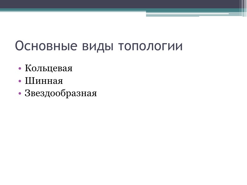 Основные виды топологии Кольцевая Шинная Звездообразная